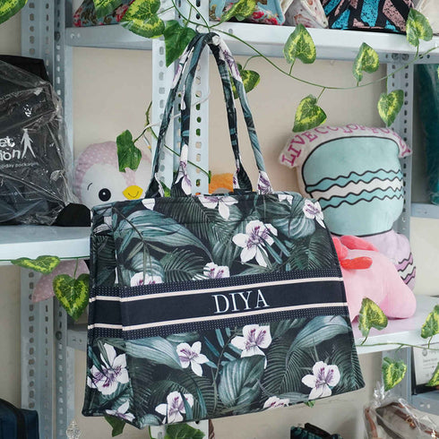 Green Floral Customised Box Tote Bag - Uncommongifts.in