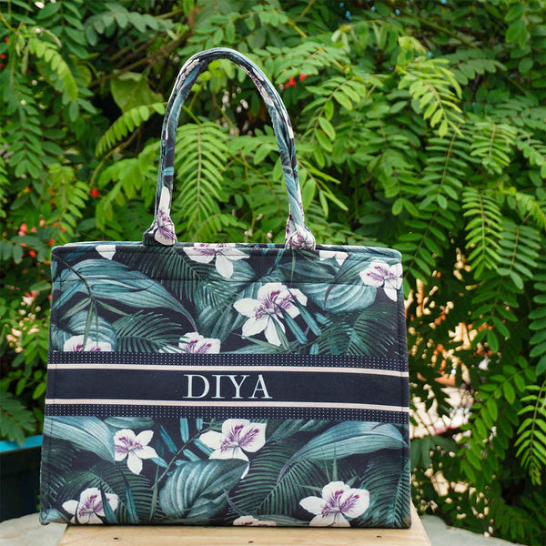 Green Floral Customised Box Tote Bag - Uncommongifts.in