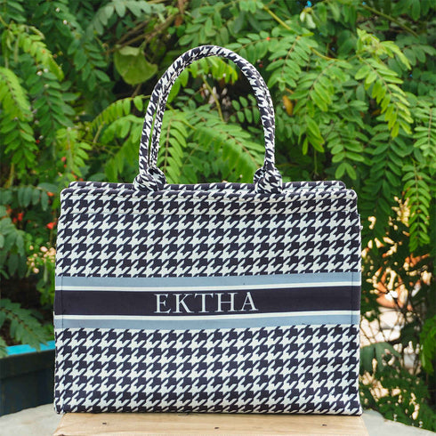 Black & White pattern Printed Customised Box Tote Bag - Uncommongifts.in