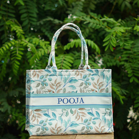 Leaves & Flower Printed Customised Box Tote Bag - Uncommongifts.in