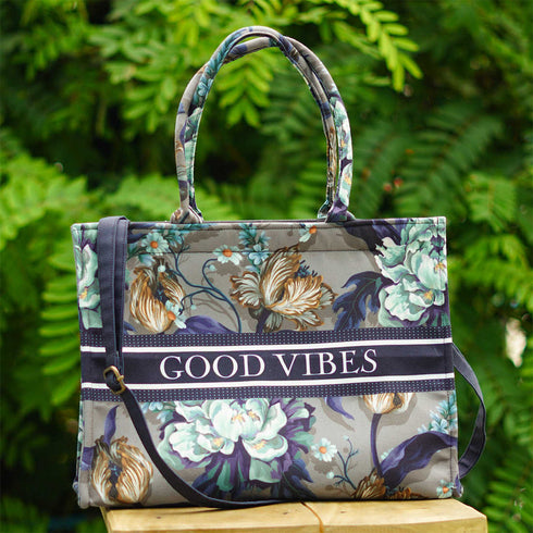 Grey Floral Printed Customised Box Tote Bag - Uncommongifts.in