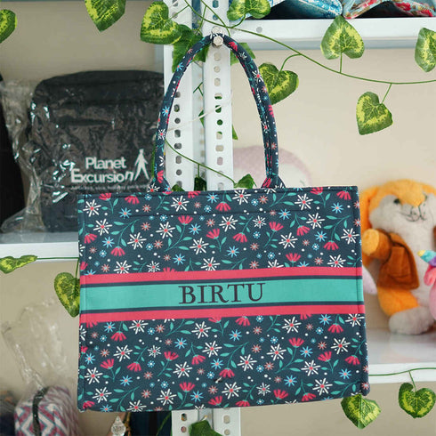 Customized Tiny Floral Printed Blue Handheld Box Bag - Uncommongifts.in