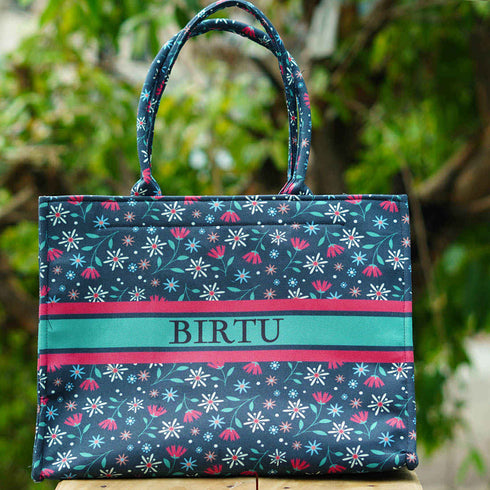 Customized Tiny Floral Printed Blue Handheld Box Bag - Uncommongifts.in