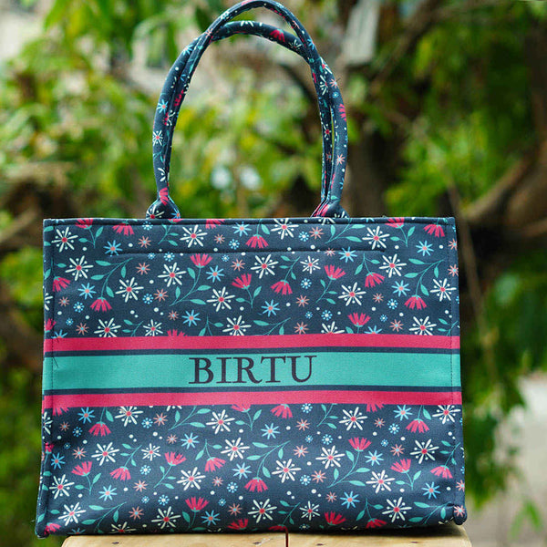 Customized Tiny Floral Printed Blue Handheld Box Bag - Uncommongifts.in