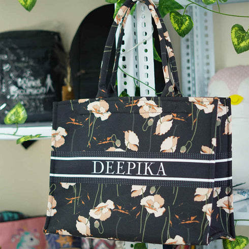 Black Floral Printed Customised Box Tote Bag - Uncommongifts.in
