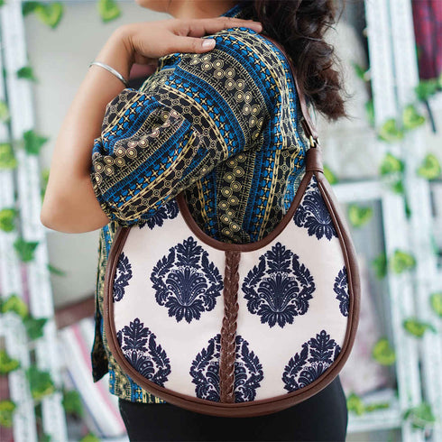 Multicolored Ethnic Motifs Printed Half Moon Hobo Bag - Uncommongifts.in