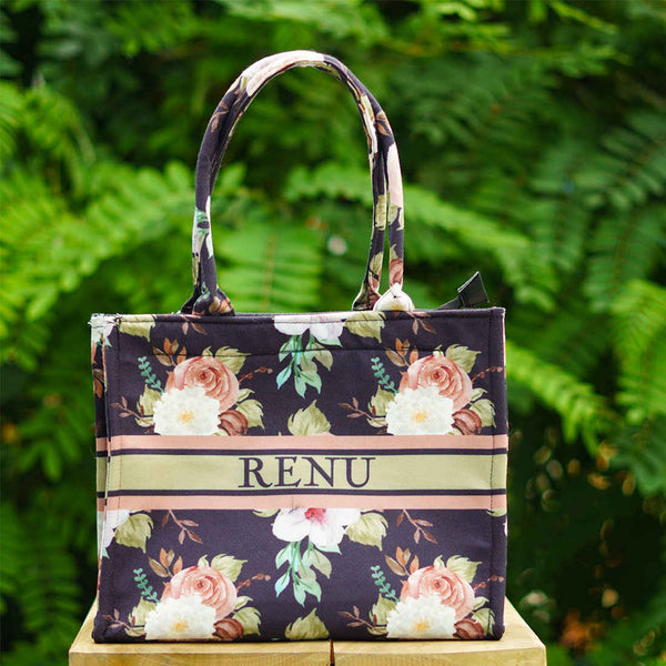 Customized Floral Printed Black Handheld Box Bag - Uncommongifts.in
