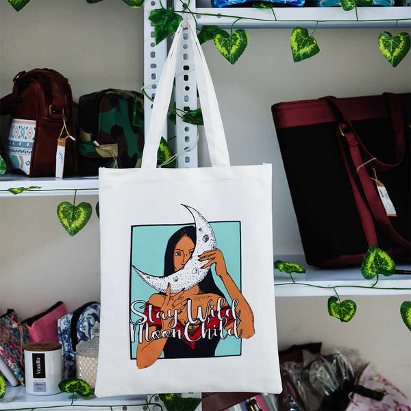 Women with Moon Printed Shopper Tote Bag - Uncommongifts.in