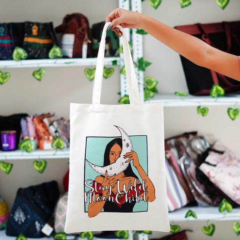 Women with Moon Printed Shopper Tote Bag - Uncommongifts.in