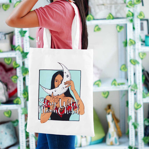 Women with Moon Printed Shopper Tote Bag - Uncommongifts.in