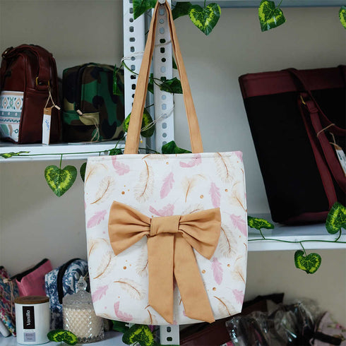 Pink Feather Printed Shopper Bag with Bow - Uncommongifts.in