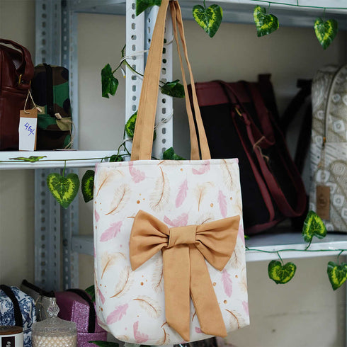Pink Feather Printed Shopper Bag with Bow - Uncommongifts.in