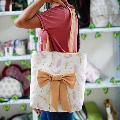 Pink Feather Printed Shopper Bag with Bow - Uncommongifts.in