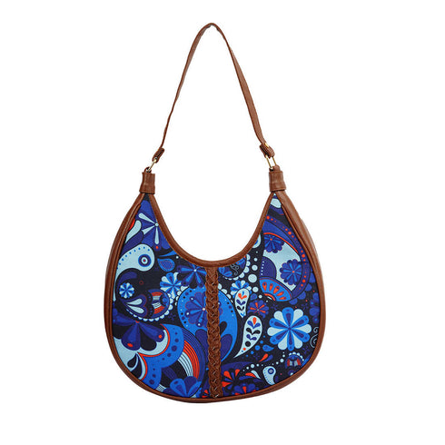 Ethnic Motifs Blue Printed Half Moon Hobo Bag - Uncommongifts.in