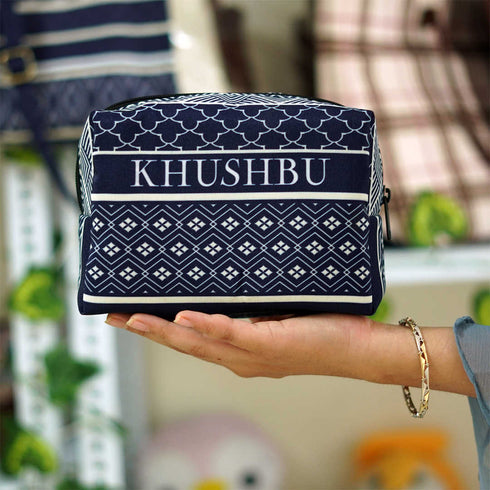 Blue Geometric Printed Box Pouch - Uncommongifts.in