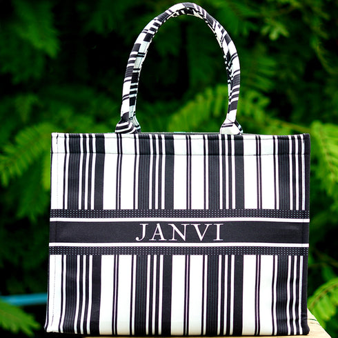 Black & White Stripes Printed Customised Box Tote Bag - Uncommongifts.in