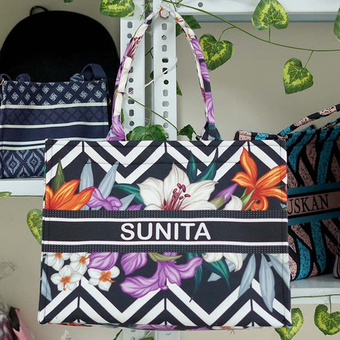 Zigzag Floral Printed Customised Box Tote Bag - Uncommongifts.in