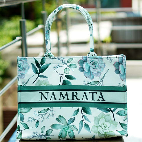 Customized White & Green Floral Printed Handheld Box Hand Bag - Uncommongifts.in