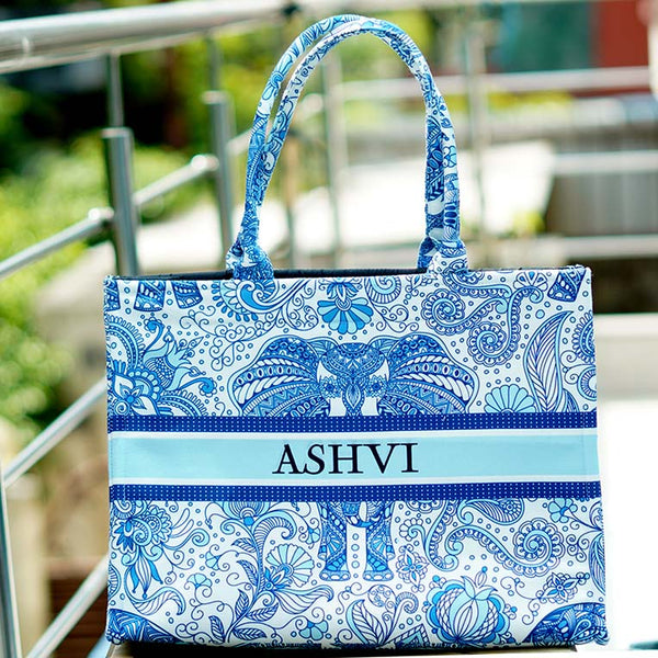 Blue Elephant Printed Customised Box Tote Bag - Uncommongifts.in