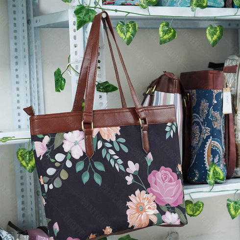 Flower Printed Black Canvas Shoulder Bag Handbag - Uncommongifts.in