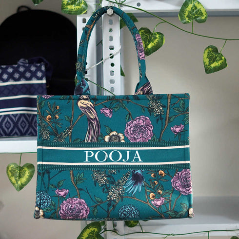 Green Flower Printed Customised Box Tote Bag - Uncommongifts.in