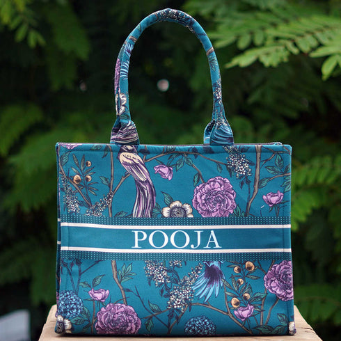 Green Flower Printed Customised Box Tote Bag - Uncommongifts.in