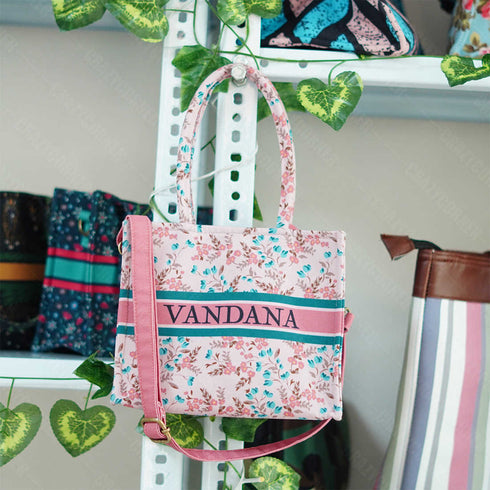 Customized Floral Printed Pink Structured Handheld Bag - Uncommongifts.in