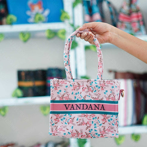 Customized Floral Printed Pink Structured Handheld Bag - Uncommongifts.in