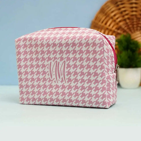 Personalized Pink Check Printed Box Pouch for Women