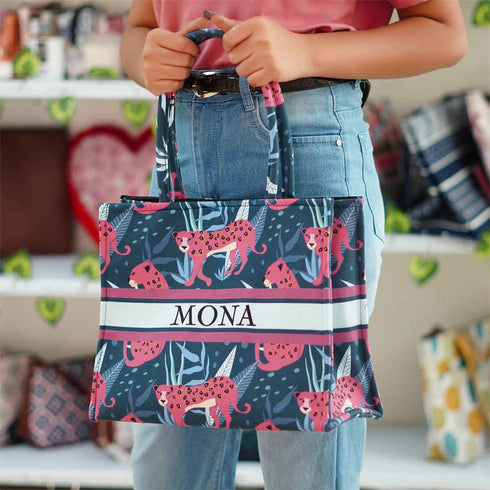 Pink Leopard Printed Customised Box Tote Bag - Uncommongifts.in