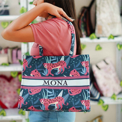 Pink Leopard Printed Customised Box Tote Bag - Uncommongifts.in