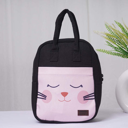 Pink Cat Printed Canvas Lunch Bag - Uncommongifts.in