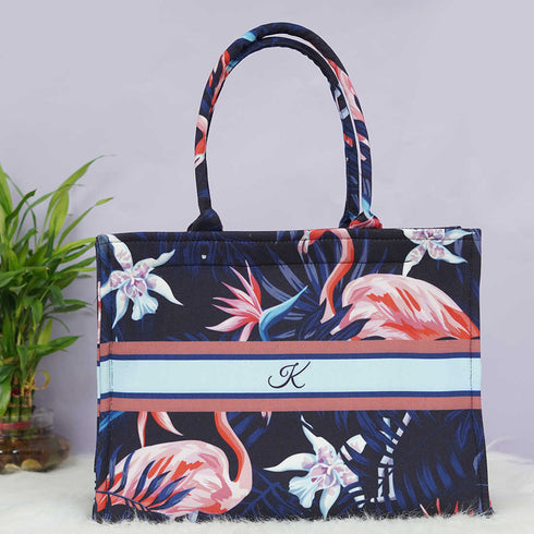 Customized Blue Flamingo Printed Structured Tote Box Bag - Uncommongifts.in