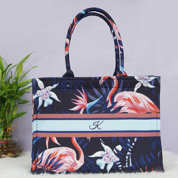 Customized Blue Flamingo Printed Structured Tote Box Bag - Uncommongifts.in