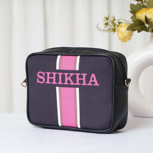 Canvas Personalized Pink Striped Sling Bag - Uncommongifts.in