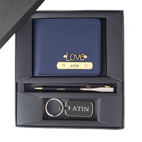 Personalised Gift Combo Men's Wallet With Charm - Blue - Uncommongifts.in