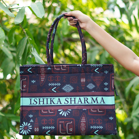 Brown Geometric Pattern Customised Box Tote Bag - Uncommongifts.in