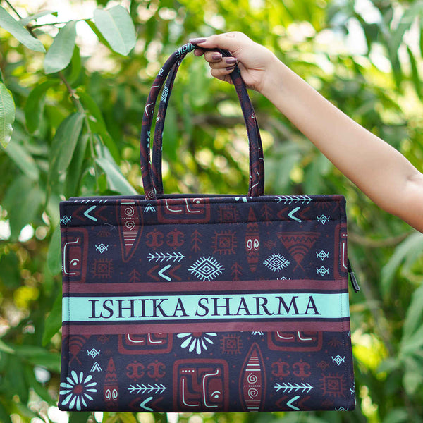 Brown Geometric Pattern Customised Box Tote Bag - Uncommongifts.in