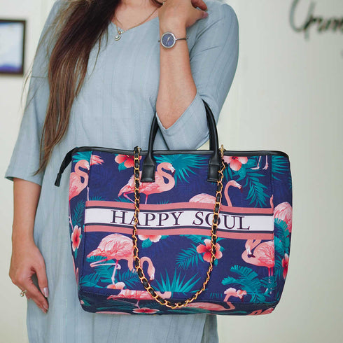Flamingo Printed Luna Handle Handbag - Uncommongifts.in