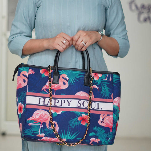 Flamingo Printed Luna Handle Handbag - Uncommongifts.in