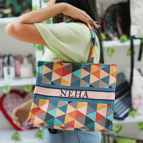 Orange Geometric Pattern Customised Box Tote Bag - Uncommongifts.in