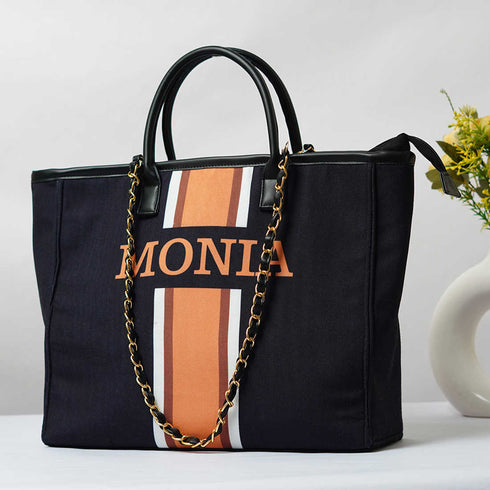 Black & Beige Luna Personalised Handbag - Uncommongifts.in