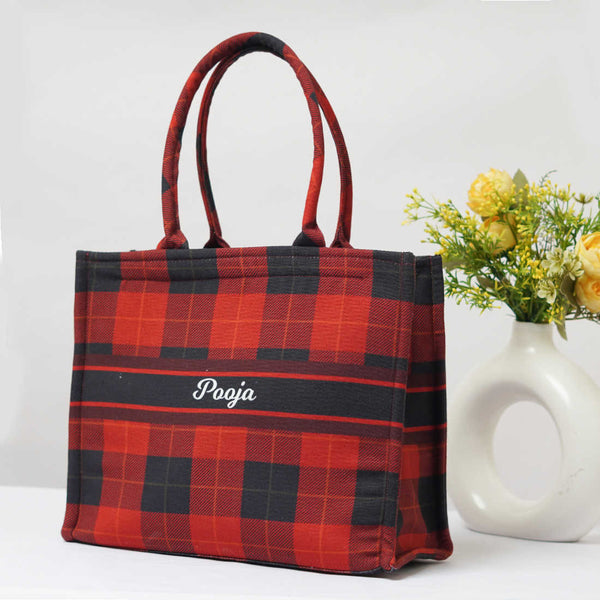 Customized Checks Printed Red Handheld Box Bag - Uncommongifts.in