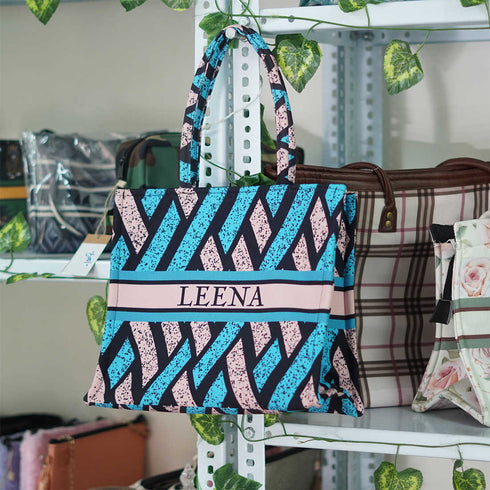 Blue Geometrical Pattern Customised Box Tote Bag - Uncommongifts.in