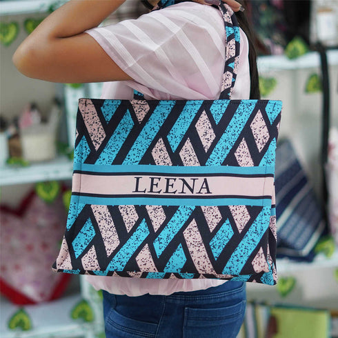 Blue Geometrical Pattern Customised Box Tote Bag - Uncommongifts.in