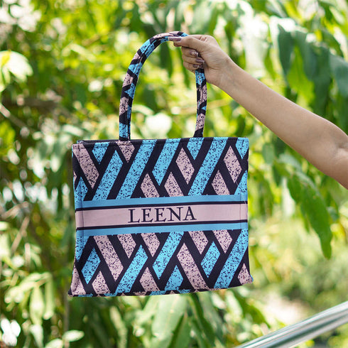 Blue Geometrical Pattern Customised Box Tote Bag - Uncommongifts.in