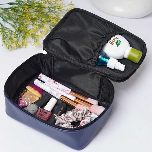 Personalized PU Toiletry Kit With Charms - Navy Blue - Uncommongifts.in