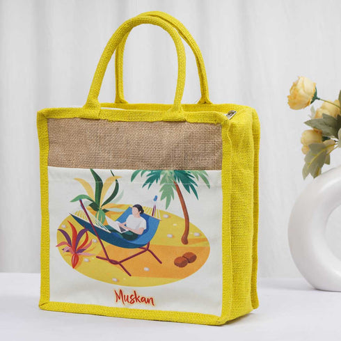 Personalised Yellow Jute & Canvas Lunch Bag - Uncommongifts.in