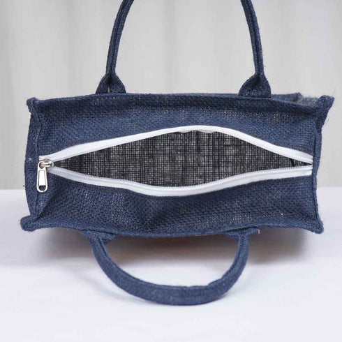 Personalised Navy Blue Jute & Canvas Lunch Bag - Uncommongifts.in