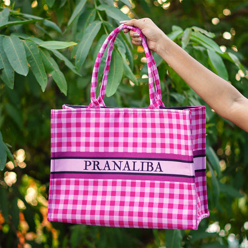 Pink & White Checks Printed Customised Box Tote Bag - Uncommongifts.in